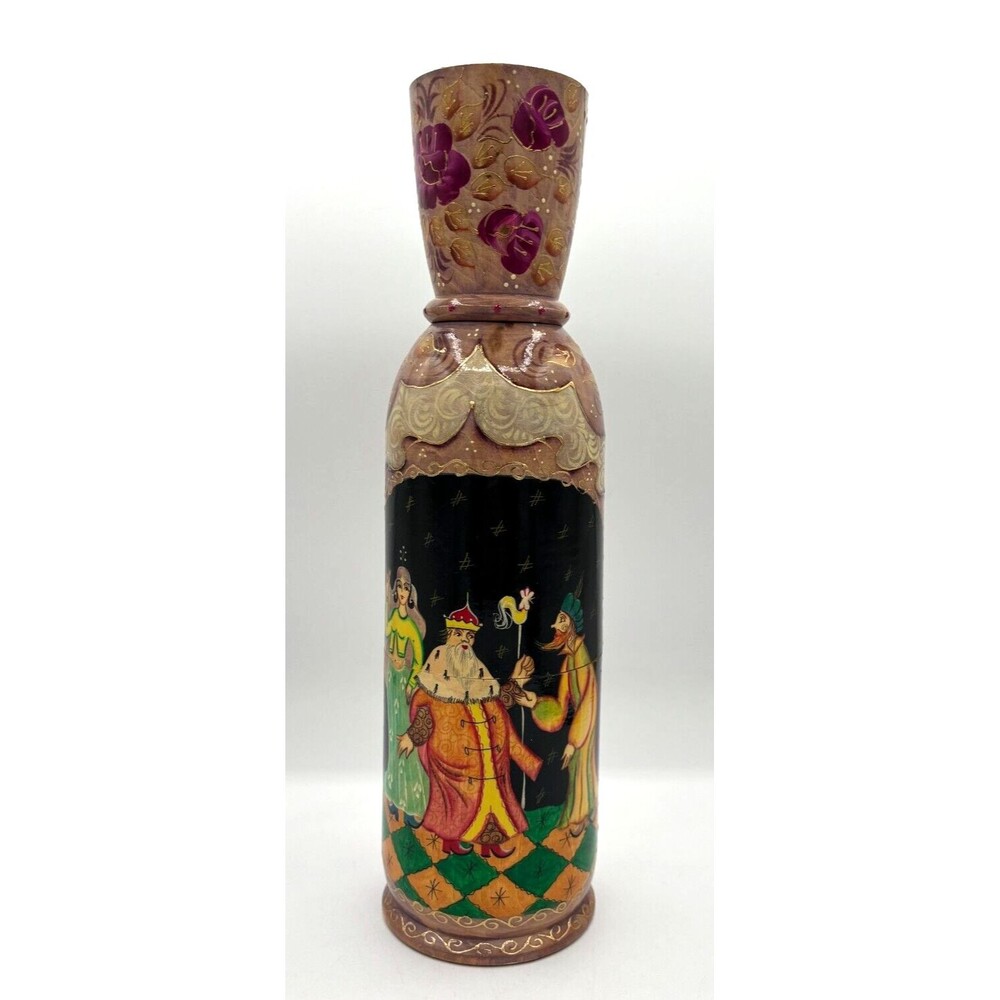 Vintage Matryoshka Russian Hand‎ Painted Doll Vodka Wood Bottle Holder Artisan